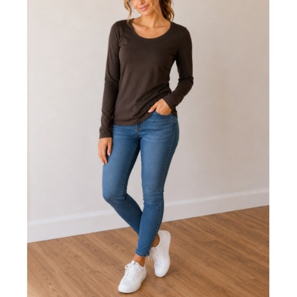 Caslon Women's Brown 100% Cotton Scoop Neck Long Sleeve Tee Shirt Size M